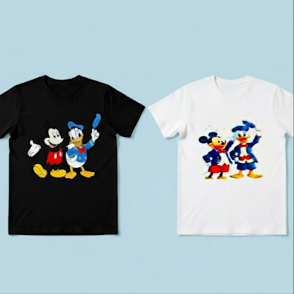 2 NEW Mickey & Donald Short Sleeve T-Shirt, Adult, Size S. One Black & One White